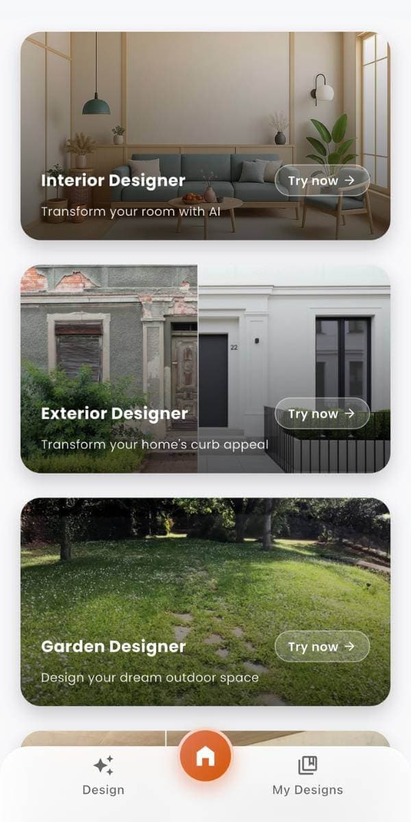 DecorAI – AI Interior Design app on iPhone showing Mediterranean room redesign results from a photo upload